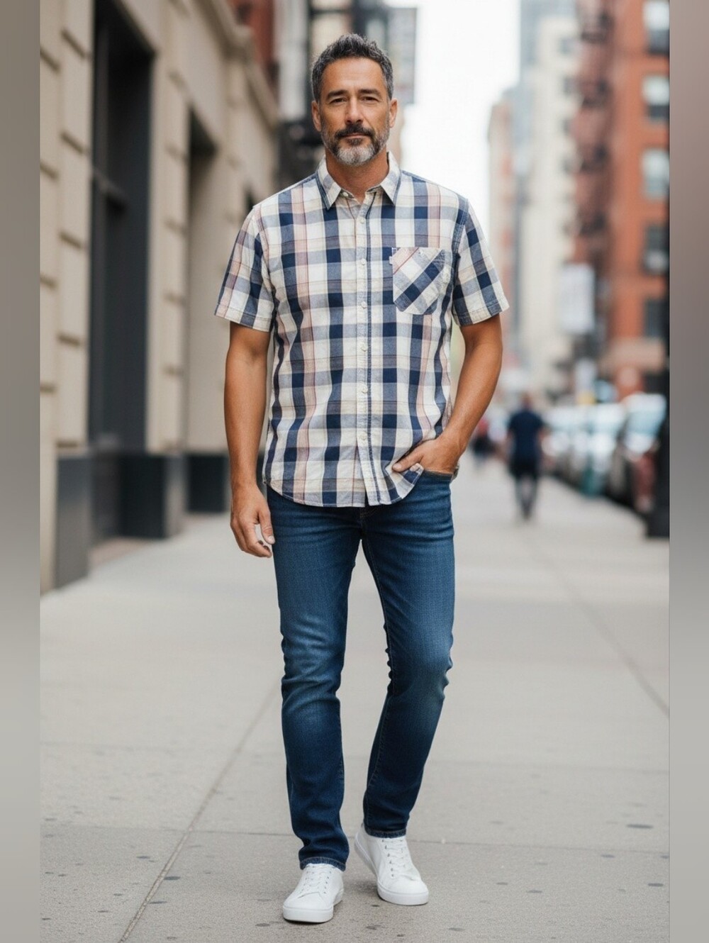 Levi's Men's Short Sleeve Plaid Button-Down Shirt - Navy, White & Tan